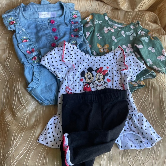 Nannette Other - 4 pc lot Disney set Nannette Carters denim Romper Floral Outfit 0-3 Months Girls
